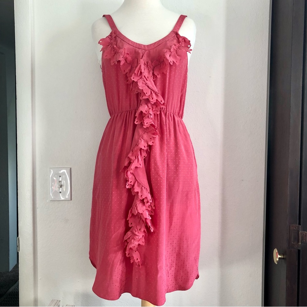 Rebecca Taylor Size 2 Silk Raspberry Pink Polka Dot Ruffle Dress Coquette Spring